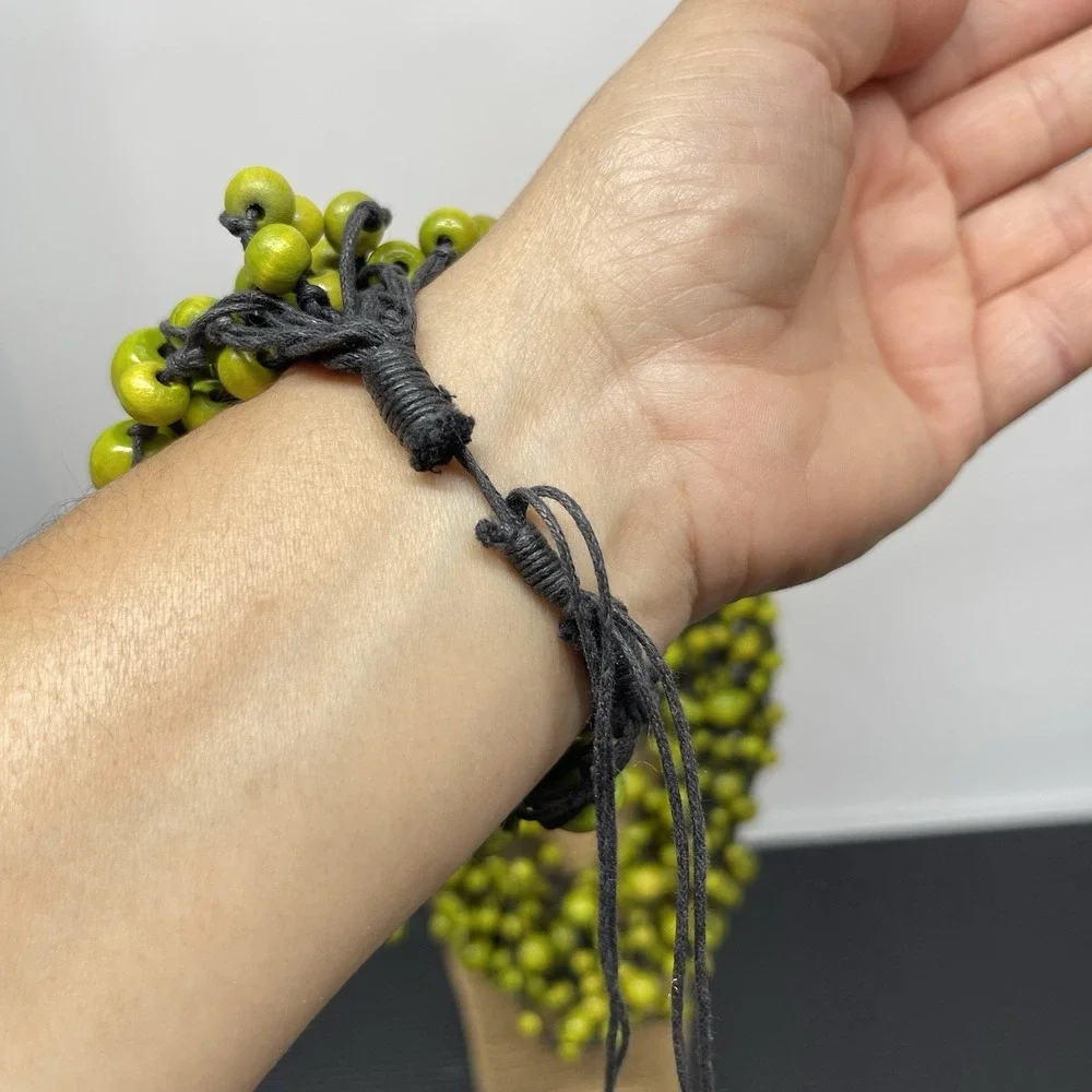 Bohemian Wooden Bead Necklace & Bracelet Set Multi Strand Chunky Lime Green